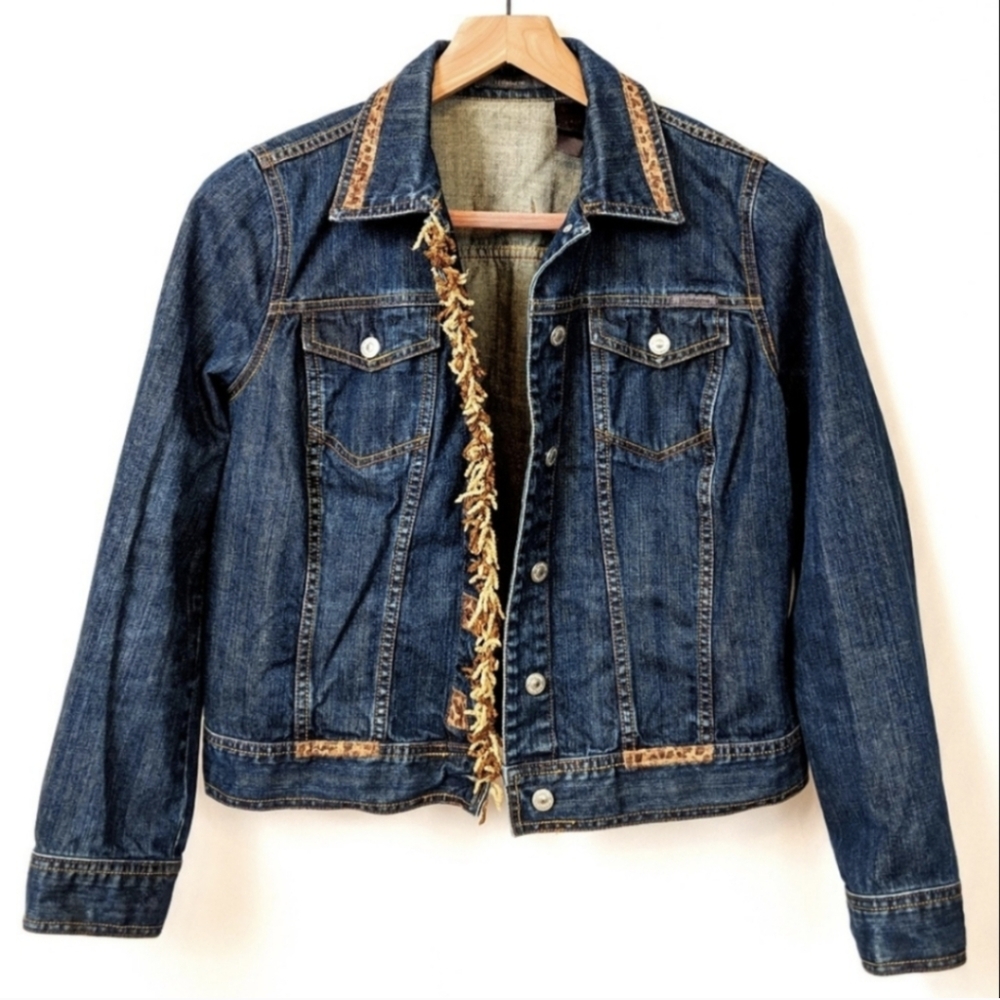 Liz Claiborne Jean Jacket Fringed Animal Print Trim Boho Vintage 90s Y2K Denim L